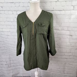 ROZ & ALI WOMEN'S ARMY GREEN TOP  1/4 QUARTER ZIP ROLL SLEEVE OPTION SIZE SMALL